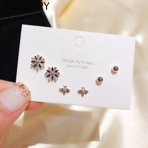 ANENJERY Charming Zirconia Crystal Flower Honeybee Stud Earring Set 925 Sterling Silver 6-piece Earring Set For Women S-E1198