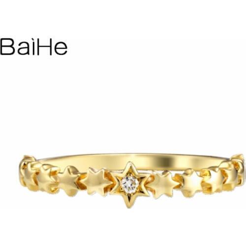BAIHE Solid 14K Yellow Gold 0.01ct H/SI Round Natural Diamond Engagement Women Simple beautiful Star Gift Ring
