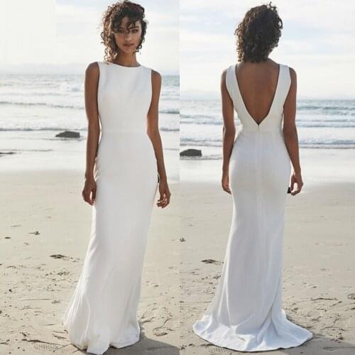 Fanweimei 2021 Beach Wedding Dresses V Back Soft Satin Sweep Train Cheap Long Boho Bohemian Mermaid Bride Dress Backless Plus