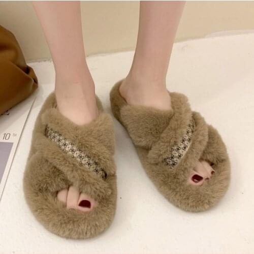 Winter House Women Fur Slippers Fashion Cross Band Warm Plush Ladies Fluffy Shoes Cozy Open Toe Indoor Fuzzy Slides For Girls