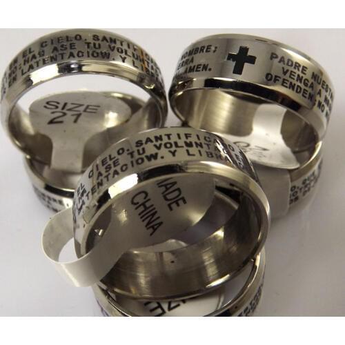12 pcs Black Spanish Bible Lords Prayer Cross Carving High quality Stainless Steel Rings Fashion Jewelry
