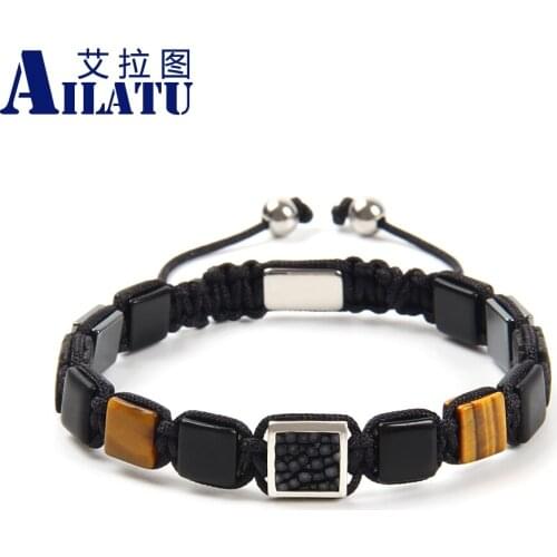 Ailatu 10pcs/lot 8x8mm Onyx Tiger Eye & GRAY STINGRAY Square Braided Bracelet Top Quality Free Logo Service