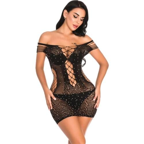 Hollow Out Sexy Women Slim Fit Black See-through Mesh Lingerie Nightgowns Shiny Crystal Patchwork Sleeveless Backless Nightdress