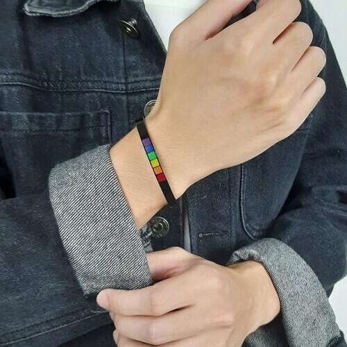 Cool Rainbow Color Cuff Bangle Bracelets for Men Women Jewelry 6MM Wide Stainless Steel LGBT Pride Gifts Pink Accessory