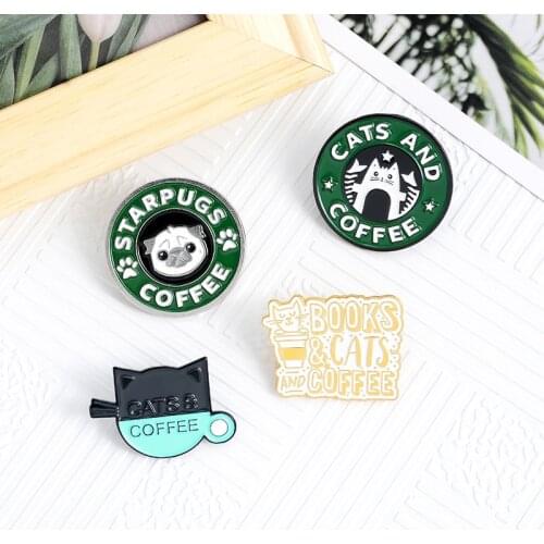 Cats Coffee Enamel Pin Custom Pug Puppy Cat Cafe Brooches Badges Bag Shirt Lapel Buckle Cute Animal Jewelry Gift for Friends
