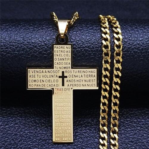 Hip Hop Stainless Steel Cross Bible Chain Necklaces Gold Color Catholicism Necklace Jewelry collier acier inoxydable N2248S04