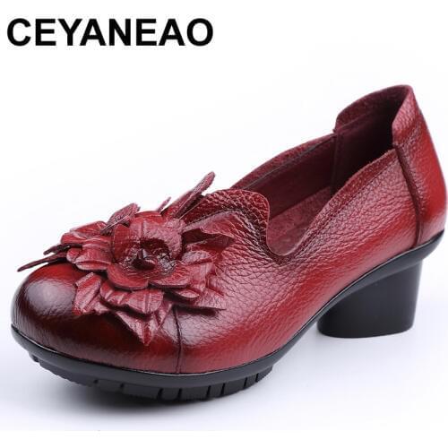 CEYANEAONewSummer Autumn Women Retro Floral Cowhide Shoes Ladies Folk Style Handmade Genuine Leather Pumps Soft BottomShoesE1954