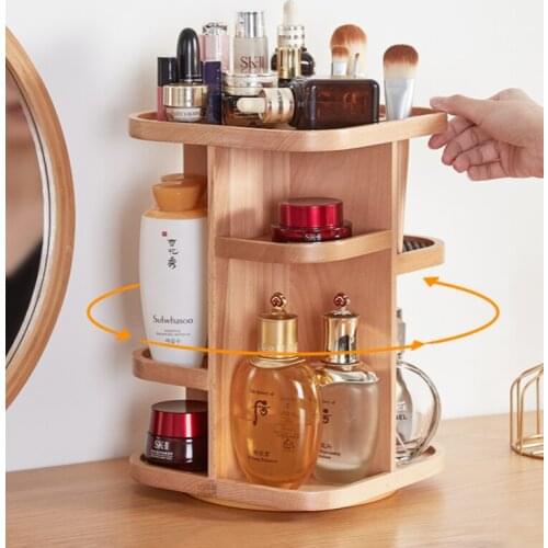 GY Wooden 360 Degree Rotating Cosmetic Storage Box Wooden Creative Desktop Lipstick Makeup Brush Skincare Shelves