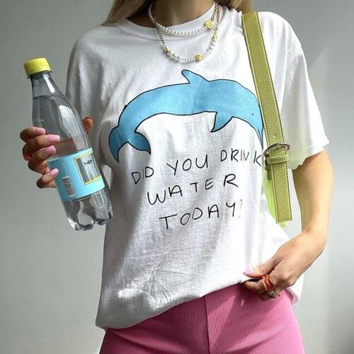 Did You Drink Water Today Cute Dolphins Print Women Vintage Graphic Tees White Short Sleeve 100% Cotton Aesthetic T Shirts Women