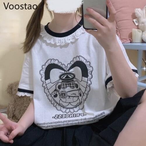 Japanese Gothic Lolita Style Black T-Shirts Women Harajuku Sweet Cartoon Print Lace Ruffles Short Sleeve Tops Girls Kawaii Tees