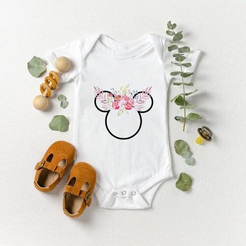 Harajuku Cartoon Cute Funny Mickey Mouse Head Flower Print Infant Jumpsuit Summer Tops Streetwear Sweet Newborn Bodysuits