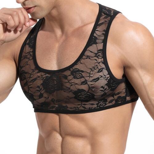 Iiniim Erotic Sissy Vest Mens See Through Sheer Lingerie Sleeveless Lace Babydoll Crop Top Gay Hot Mini Vest Clubwear Sexy Tanks