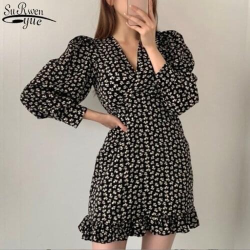 Korean Chic French Niche Womens Dress Spring Long Sleeve Dress Medium-length High-waiste Printed Floral V-neck Dress 13294