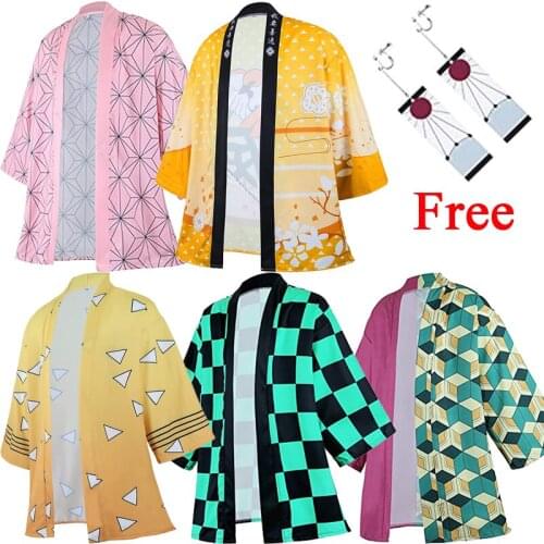 Anime Demon Slayer Kimetsu No Yaiba Cosplay Costume 3D Printing Kimono Kamado Tanjirou Tops Earring Set Casual Cloak Halloween