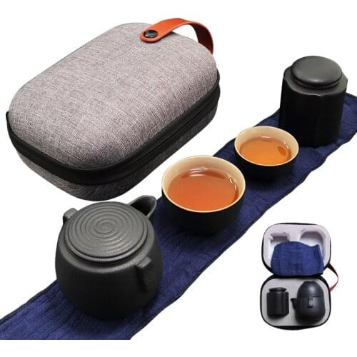 Creative Gift Outdoor Travel Office Quik Cup 1 Teapot 2 Cup Zen Black Ceramic Coarse Pottery Japanese Kung Fu Tea Free shipping