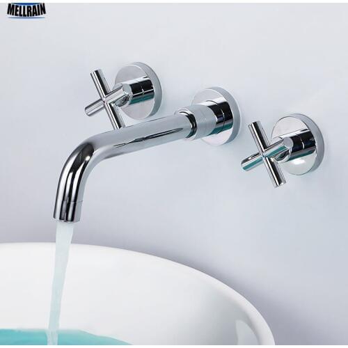 Brass chrome plated wall mounted double handle bathroom faucet high quality round sink mixer widespread water tap