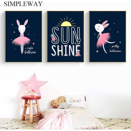 Baby Girl Nursery Wall Canvas Painting Cartoon Ballerina Rabbit Poster Print Nordic Kids Decoration Picture Child Bedroom Decor