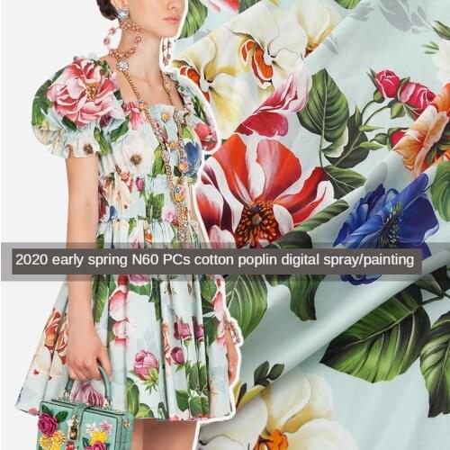 Spring and Summer New Cotton Digital Spray/Painting Lake Water Green Color Floral Poplin Printed Clothing Fabric