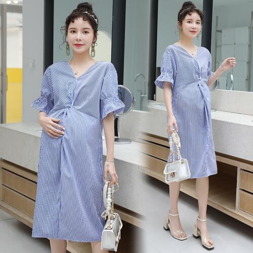 Striped V-neck Straight Maternity Dresses For Pregnant Women Clothes Pregnancy Dress Maternity Summer Pregnant Dress