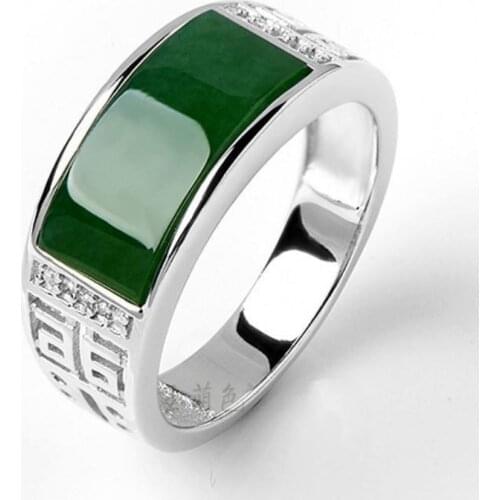 Real green natural hetian jade ring 925 sterling silver ring couple rings men women jewelry lucky stone jade finger ring