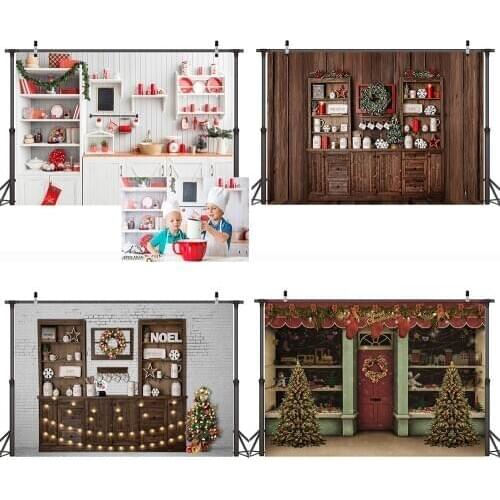 Christmas Photography Xmas Modern Kitchen Backdrop Rustic Wood Wall Background Cupboard Winter Kids Cook Indoor Photo Backdrops