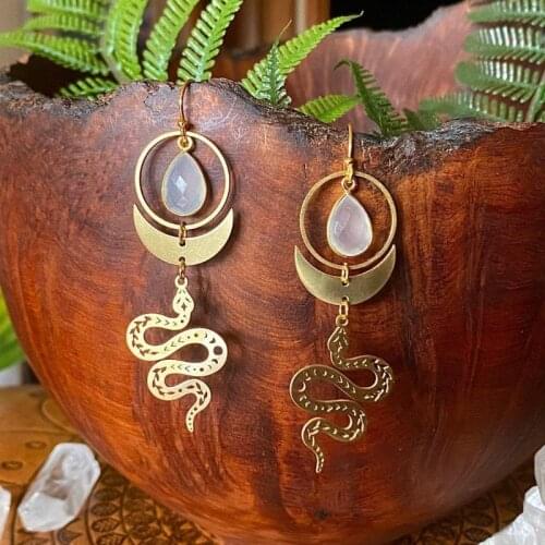 Moonstone Snake Earrings, Hypoallergenic, Aesthetic Jewelry