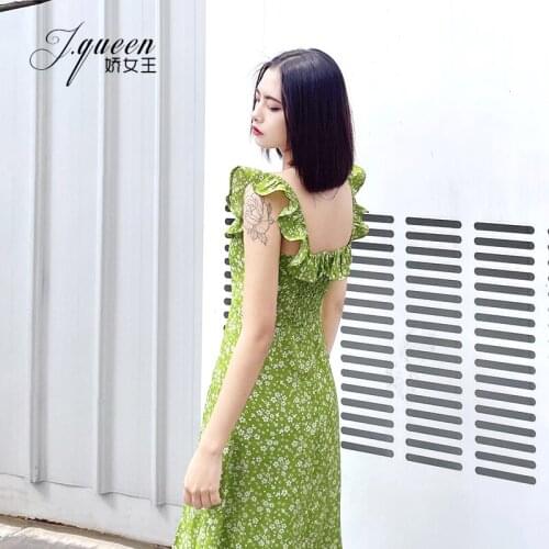 Summer New French Super Fairy Fresh Thin High Waist Split Length Chiffon Dress