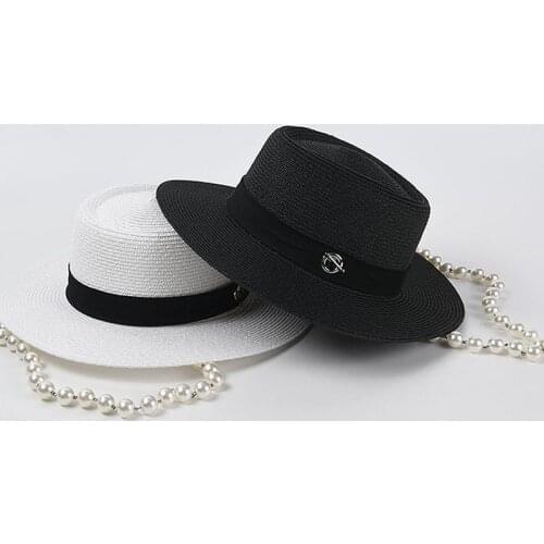 Elegant Womens Summer Hat Sun Protection Cap Female Concave-Convex Flat Wide Brim Hat Pearl Chain Straw Hat Beach Hat Sun Hats