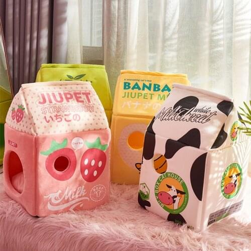 Foldable Cute Pet Cat Bed House Strawberry Banana Milk Box Cat House Winter Warm Plush Soft Cave Cat Kitten Kennel Pet Supplies
