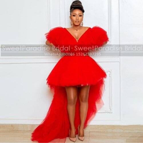 Sexy High Low A Line Evening Dresses Red Tulle Deep V Neck Puffy Sleeves Long Sweep Train Evening Dress Party For Women