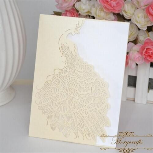 Mery unique blush shyness peacock design laser cut ivory pearl invitation wedding cards