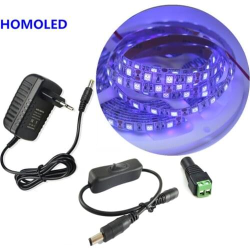 1M 2M 3M 4M 5M 5050SMD UV LED Strip Set DC12V 60LEDs/M White/Black PCB LED Tape light +1/2/3/4/5A Power Adapter +Connect +Switch