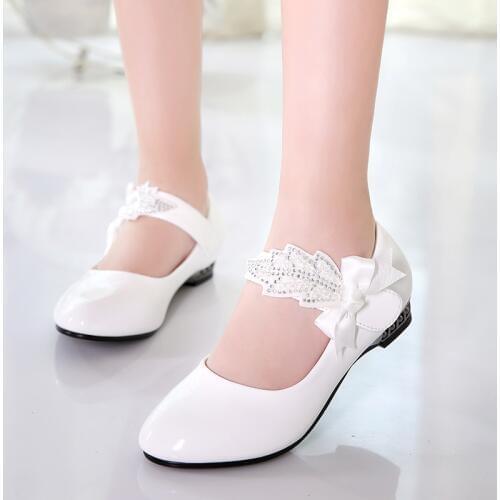 Princess Bow Rhinestone Children Shoes White Black Leather Shoes For Girls Zapatos Ninas Party Wedding Girls Heel Shoes