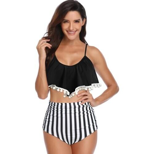 High Waist Bikini Lace Multicolor Printed Swimsuit Split Two-piece Sling Cotton Swimsuit women swimming clothes ruffled ball