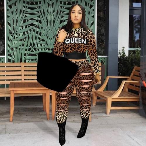 2020 women fashion new street style sets long sleeve round neck top elastic long pants leopard grain two piece sets