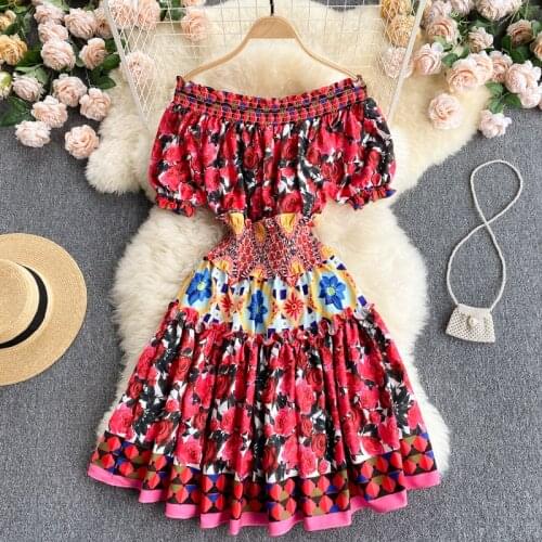 Runway Women Summer Vintage Printed Elastic Waist Tunic Mini Dress Ladies Sexy Slash Neck Off Shoulder Elegant Party Dresses