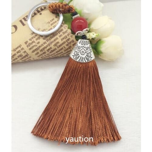 1Pcs Retro Tibetan silver lines Tassel brown Keychain Ring Bag Charm Accessories