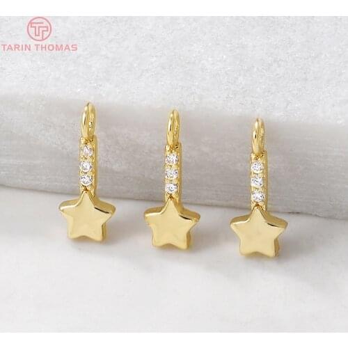 6PCS 4.5x12MM Hole 1.5MM 24K Gold Color Plated Brass with Zircon Star Charms Pendants High Quality Diy Jewelry Accessories