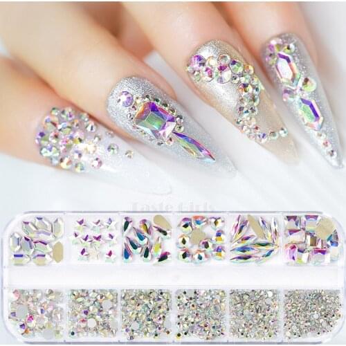 12 Grids 1200/660PCS Crystal AB 3D Nail Art Rhinestones Gems Flatback Diamond DIY Decorations Manicure Mixed Shapes For Nails