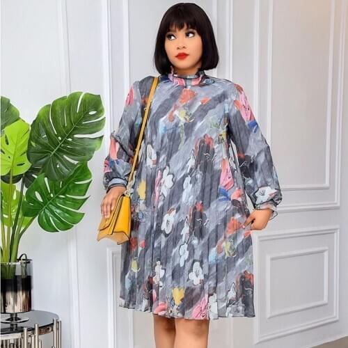 African Dresses For Women African Clothes Pleated Midi Dress Dashiki Ladies Long Sleeve Ankara Africa Dress Elegant Office Dress