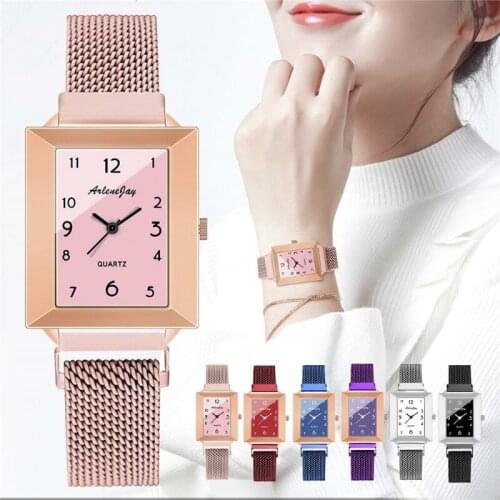 Fashion Rectangle Women Watch Simple Magnet Clasp Stainless Mesh Band Quartz Wristwatches Clock Zegarek Damski