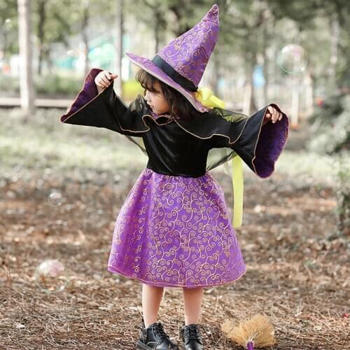 Kid Girls Magician Halloween Costume Carnival Purple Witch Cloak Costume Drama Stage Performance Cosplay Fancy Dress with Hat