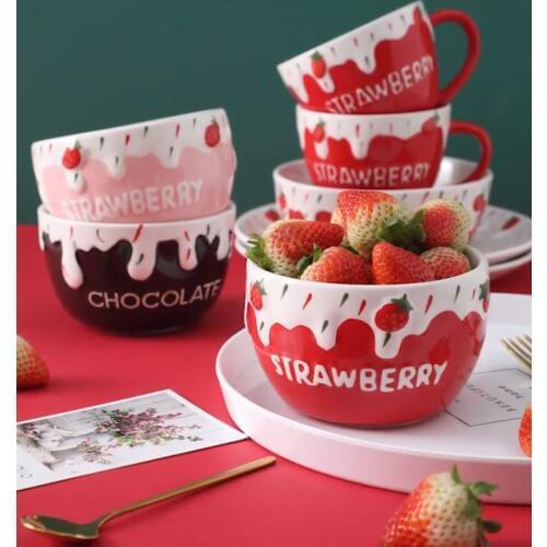 Ceramic Strawberry Bowl Plate Cute Tablewares Cream Fruit Salad OatMeal Noodles Bowl Coffee Milk Cup Seasoning Dish Christmas