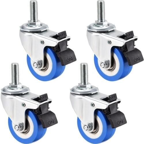Uxcell Swivel Caster Wheels PU Caster 2 Inch Dia Blue Wheel M10 x 25mm Threaded Stem with Brake , 132lb Capacity , 4pcs