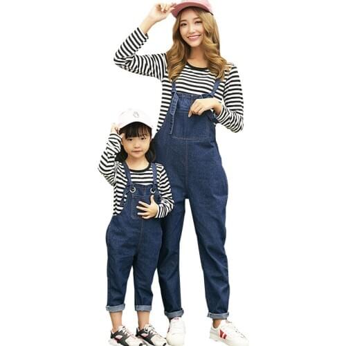 Family Matching Clothes Spring Mother and Daughter Clothes Stripe Long Sleeve T-shirt +Denim Overalls Women Boutique Clothing