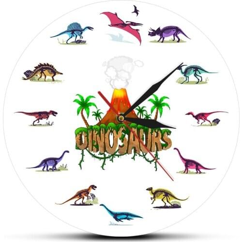 Colorful Dino Skull Printed Acrylic Wall Clock Cartoon Volcanic Eruption Dinosaurs Fossils Nursery Decor Wall Watch Kids Gift