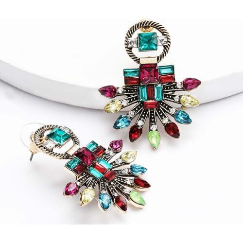 Colorful Crystal Drop Earrings Women Round Geometric Pendant Dangle Earrings Indian Bridal Statement Jewelry Party Bijoux