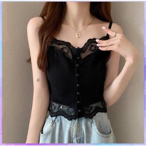 Sexy Backless Crop Top Strap Camis For Women Camisole Lace Basic Vest Sleeveless Tank Tops Patchwork Knitted Top Female Summer