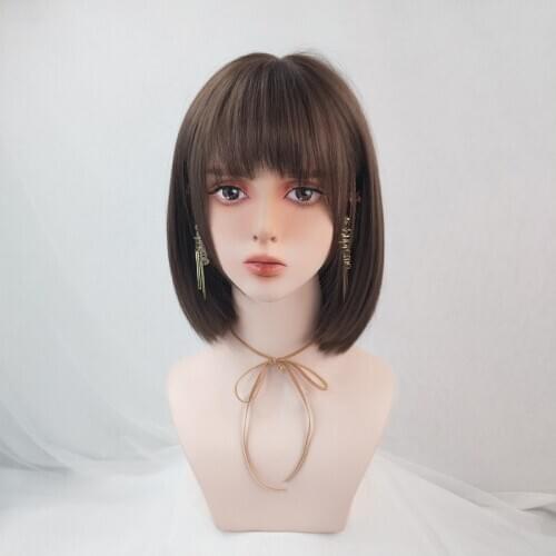 LANLAN Womens Daily Wig Medium Length Dark Brown Straight Wig Lolita Synthetic Hair Band with Bangs