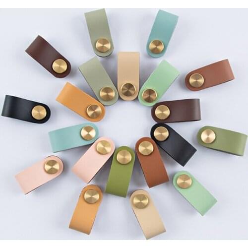 Brass Cowhide Leather Knob Furniture Pull Handle Doors Knobs European-Style Cabinet Chest Drawer Suitcase Handles with Screws